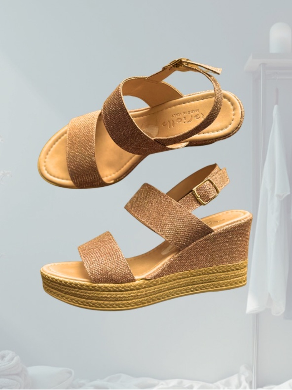 Woven Metallic Wedge Sandals with Ankle Strap - Rose Gold